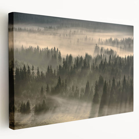 Stretched canvas wall art showcasing a serene misty landscape design, featuring soft pastel colors and subtle fog, perfect for home decor enhancement.