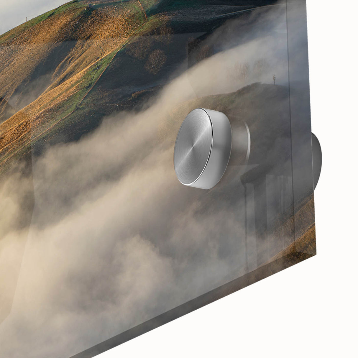Close-up of a stunning acrylic glass wall art piece showcasing a misty landscape design, featuring soft hues of blue and gray, perfect for modern home decor.
