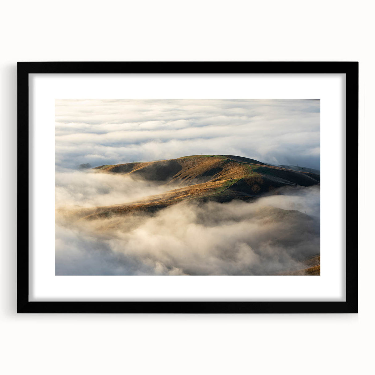 Framed wall art from the Landscapes Mist a Fog collection showcases serene misty forest scene with a black frame and mat, perfect for home decor enhancement.