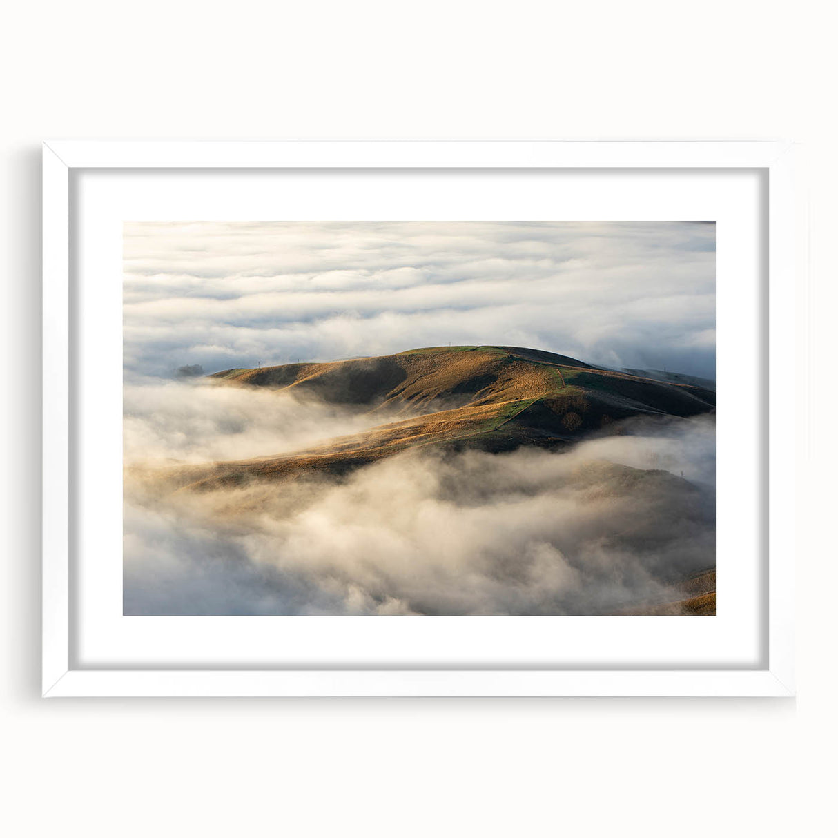 Framed wall art featuring a serene landscape design with mist and fog, set in a white mat, perfect for enhancing home decor and creating a calming atmosphere.