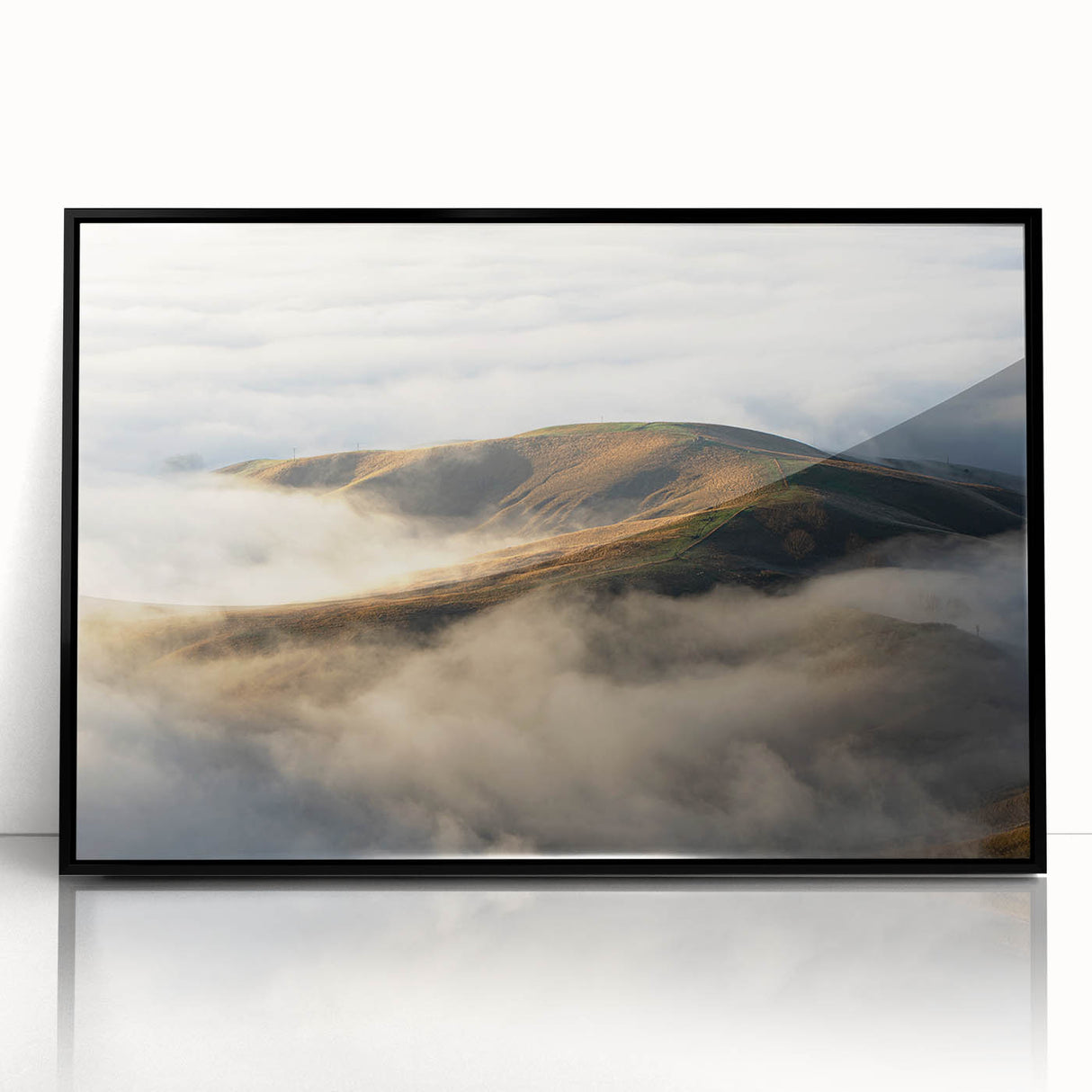 Framed acrylic wall art featuring a serene landscape design with mist and fog effects, presented in a sleek black frame, ideal for enhancing modern home decor.