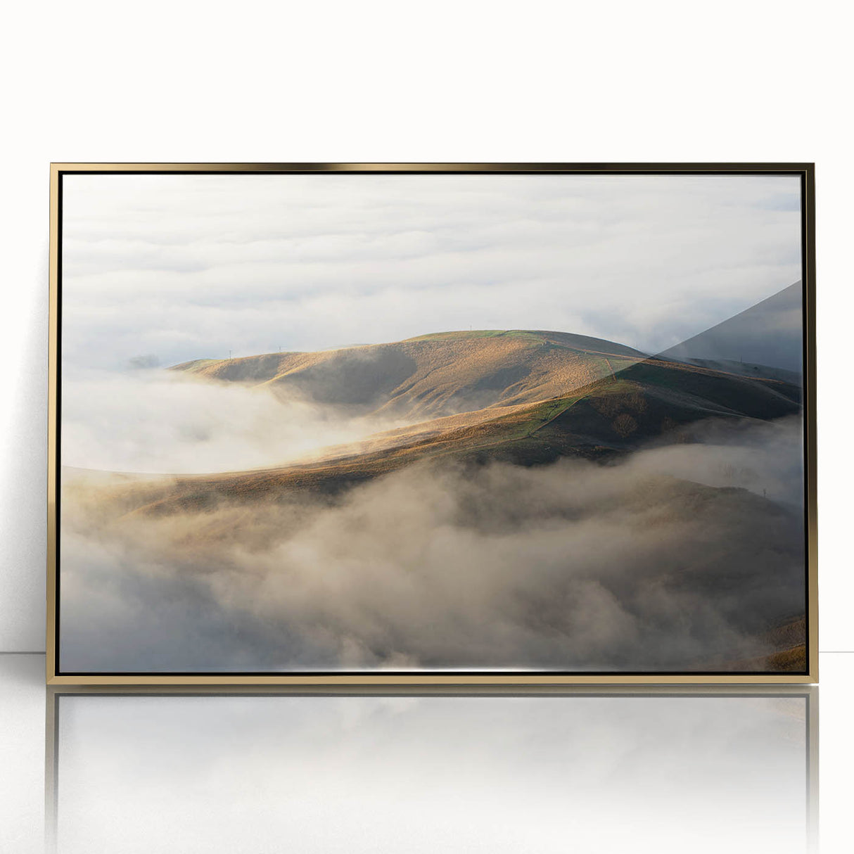 Framed wall art featuring a tranquil misty landscape design with soft hues of gray and gold, ideal for enhancing modern home decor aesthetics and creating a serene ambiance.