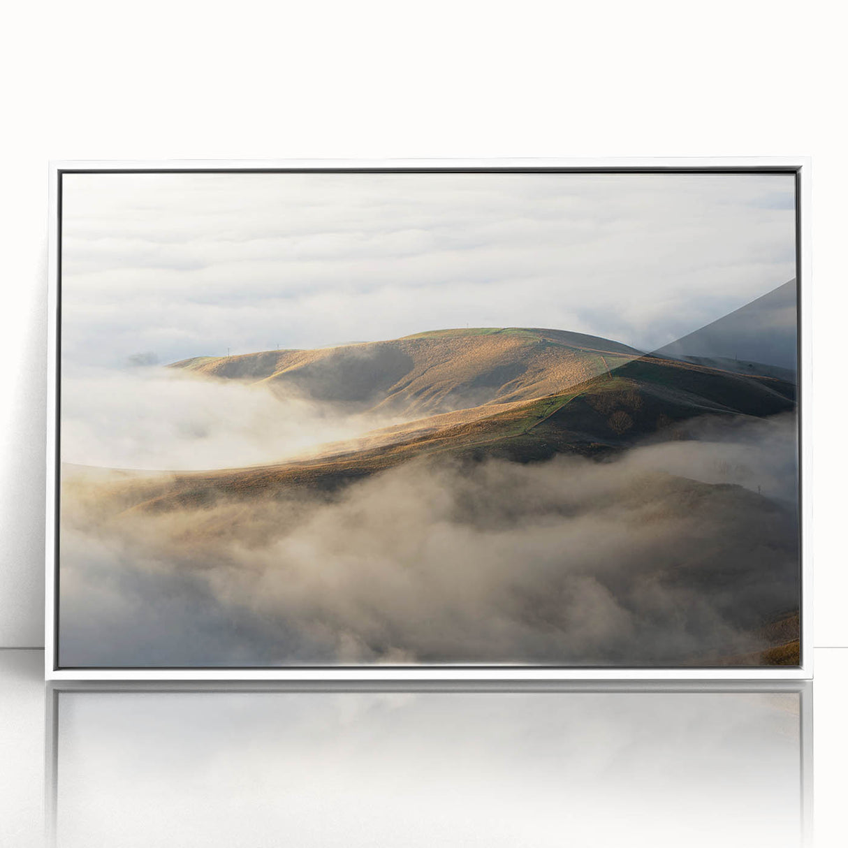 Framed acrylic wall art showcasing a serene misty landscape with soft fog, featuring white edges, ideal for modern home decor, adding a calming atmosphere.