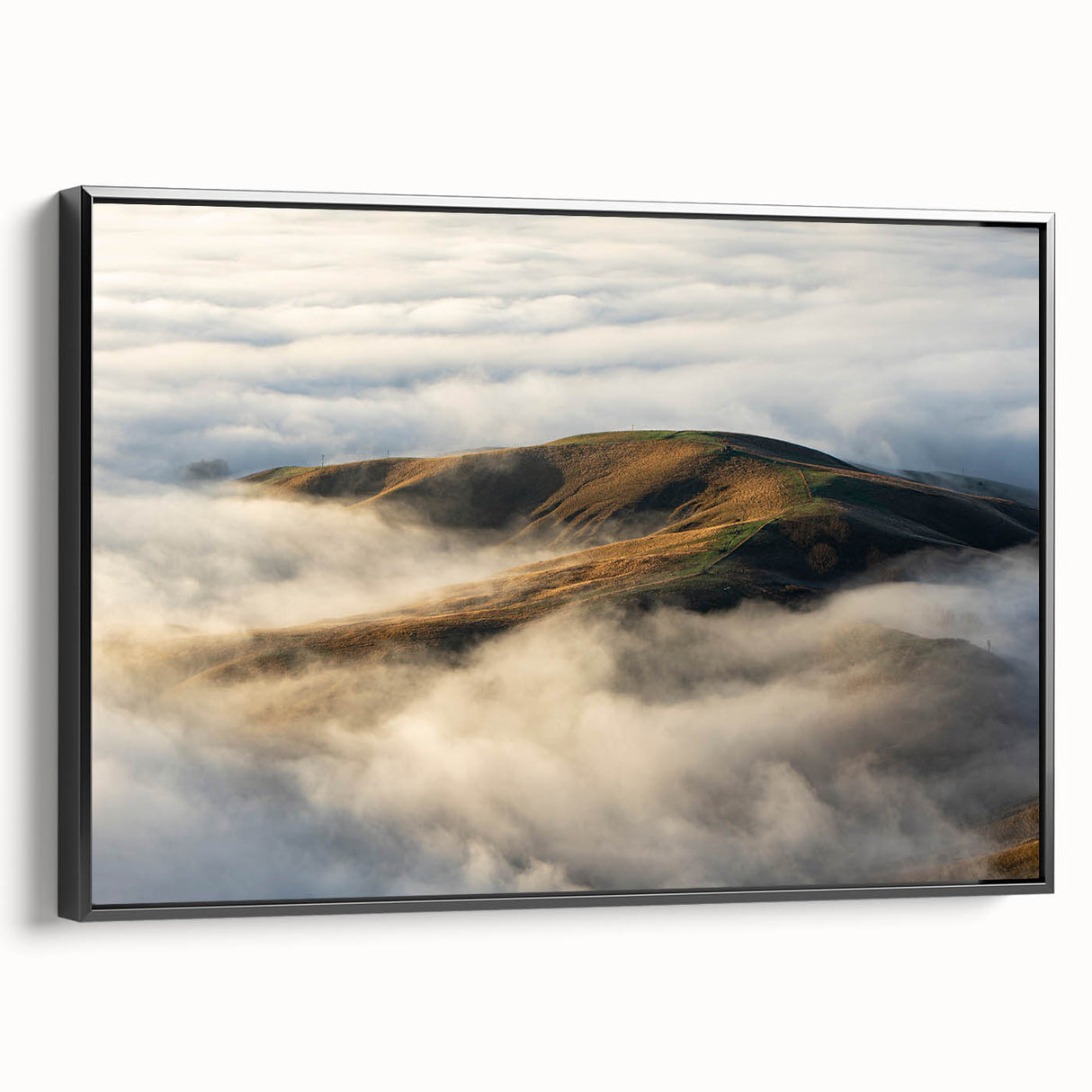 Framed canvas wall art showcasing a misty landscape design with soft fog, featuring a sleek black frame, ideal for modern home decor and enhancing ambiance.