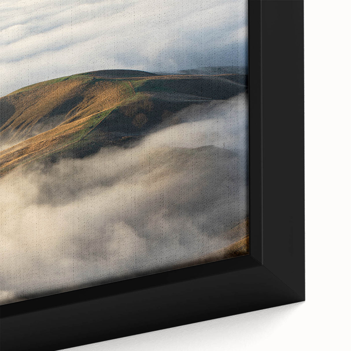 Framed canvas wall art showcasing a serene landscape with mist and fog, featuring soft colors of gray and blue, perfect for enhancing home decor and creating a calming atmosphere.