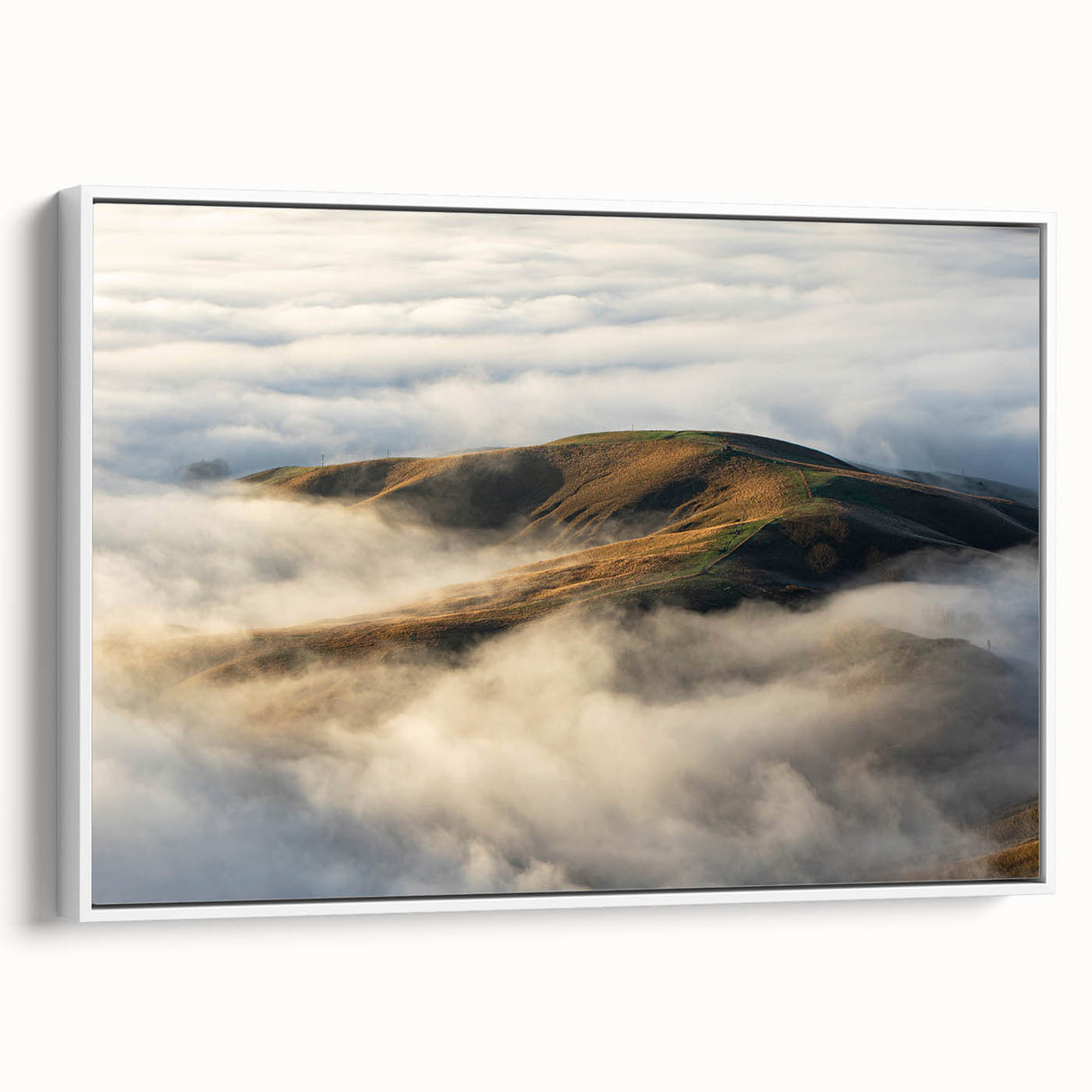 Framed canvas wall art depicting a serene landscape shrouded in mist, showcasing soft hues of gray and white, ideal for modern home decor.