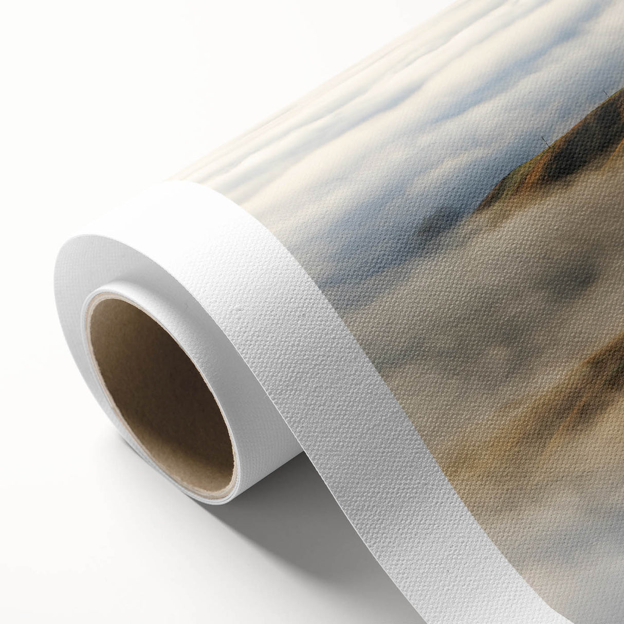 Serene landscape wall art print showcasing soft mist and fog enveloping a tranquil scene, ideal for home decor or meditation spaces, beautifully rolled for easy framing.