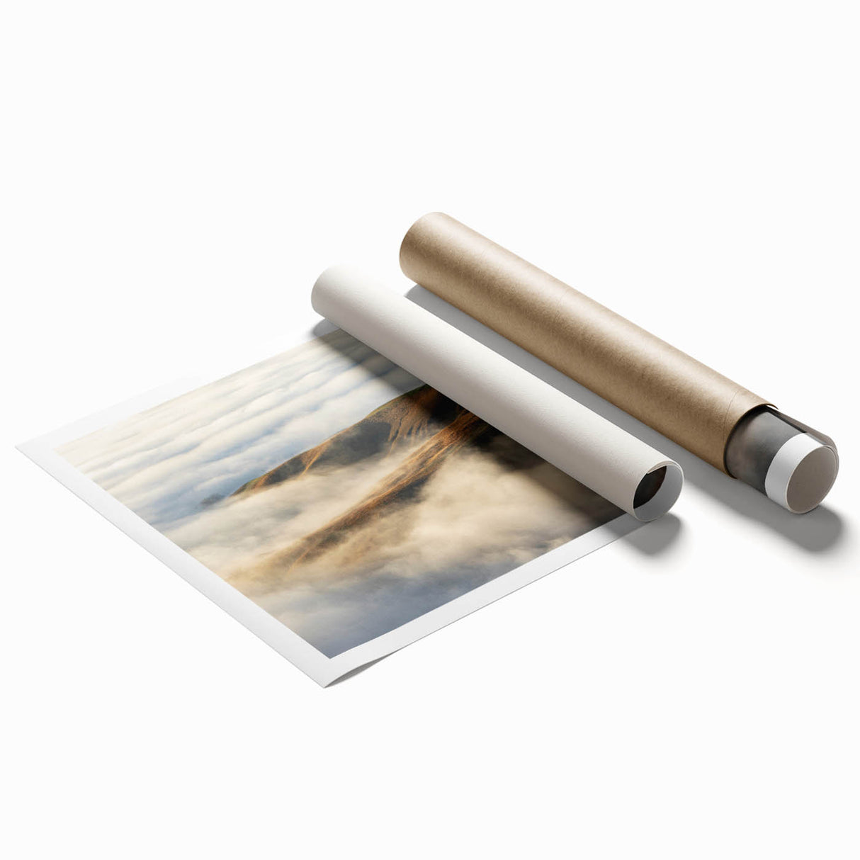 Rolled print of a misty landscape wall art design showcasing ethereal fog enveloping serene hills, perfect for enhancing modern home decor with tranquil vibes.