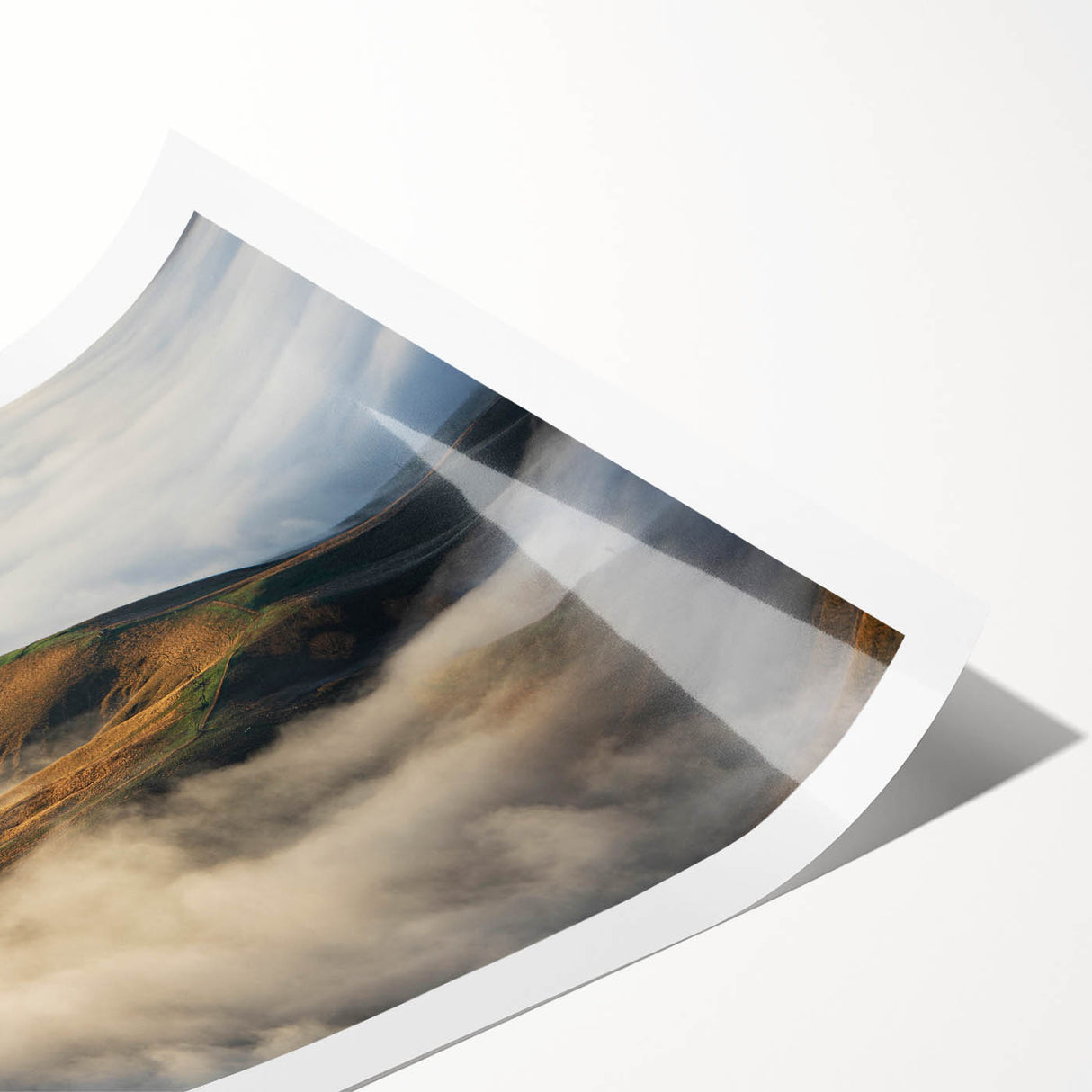 Mist-covered landscape wall art print showcasing serene foggy hills in soft pastel colors, perfect for home decor and creating a calming atmosphere.