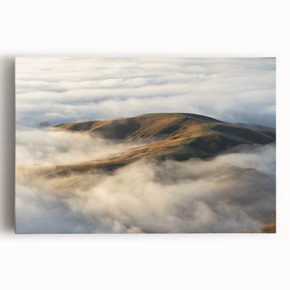 Stretched canvas wall art showcasing a serene misty landscape design with soft gray and blue tones, ideal for enhancing home decor and creating a calming atmosphere.