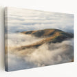 Stretched canvas wall art showcasing a serene misty landscape with soft fog, perfect for home decor. The side view highlights the depth and texture of the piece.