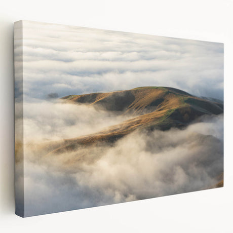Stretched canvas wall art showcasing a serene misty landscape with soft fog, perfect for home decor. The side view highlights the depth and texture of the piece.