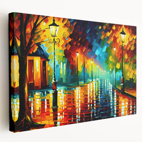 Stretched canvas wall art showcasing a vibrant landscape road design, featuring rich colors and intricate details, perfect for home decor and artistic ambiance.