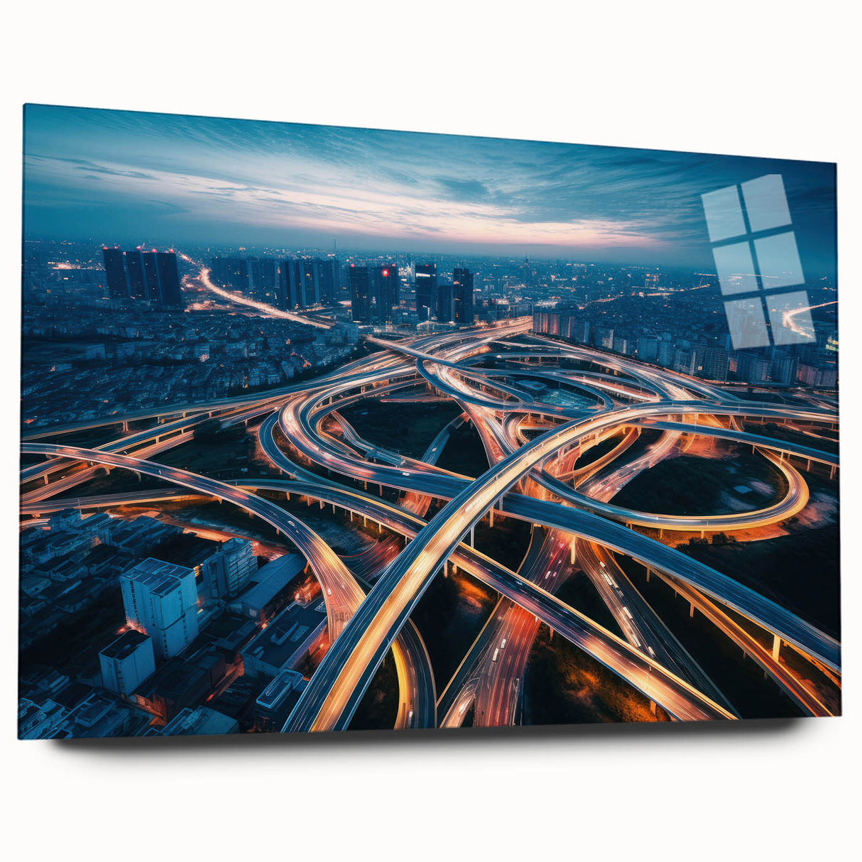 Acrylic glass wall art showcasing a scenic landscape featuring winding roads, vibrant green hills, and a clear blue sky, perfect for modern home decor.