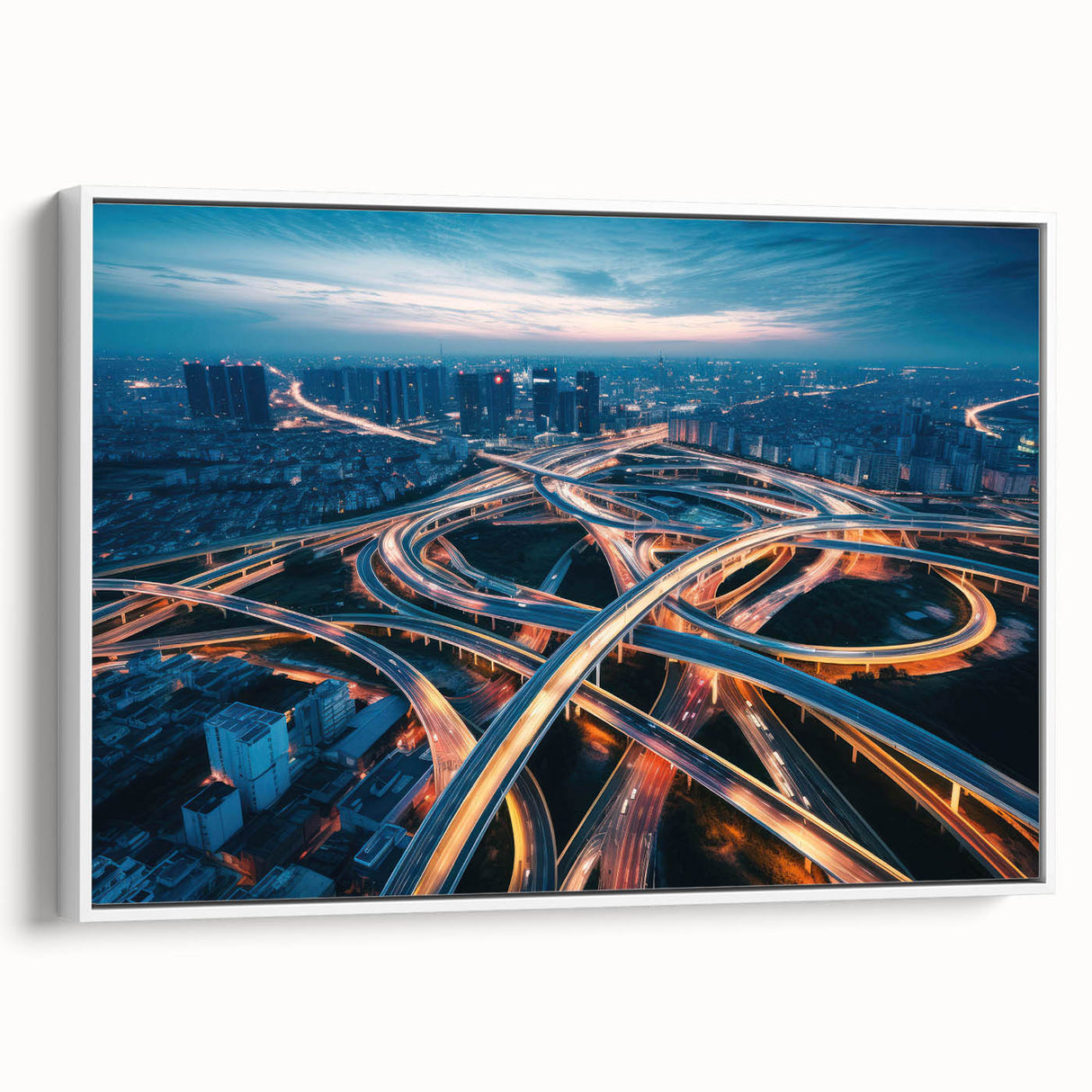 Framed canvas wall art showcasing a serene landscape with winding roads, featuring earthy tones and a white frame, perfect for modern home decor.