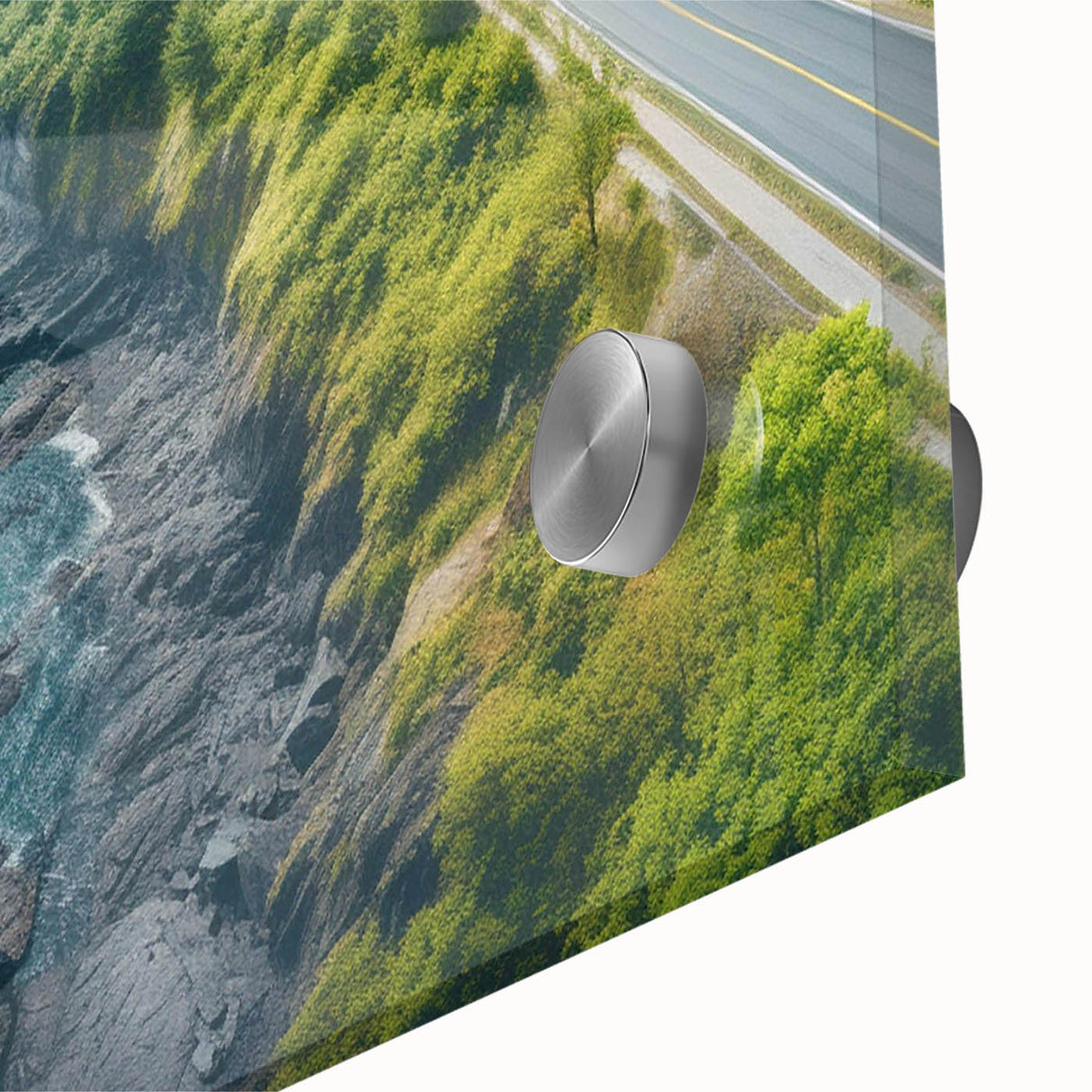 Close-up of an acrylic glass artwork showcasing a vibrant landscape with winding roads, perfect for modern home decor and art collections.