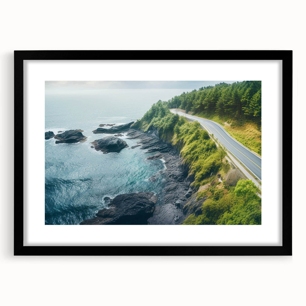 Framed black landscape road design wall art collection, featuring a modern aesthetic with a mat, perfect for enhancing home or office decor in a stylish way.