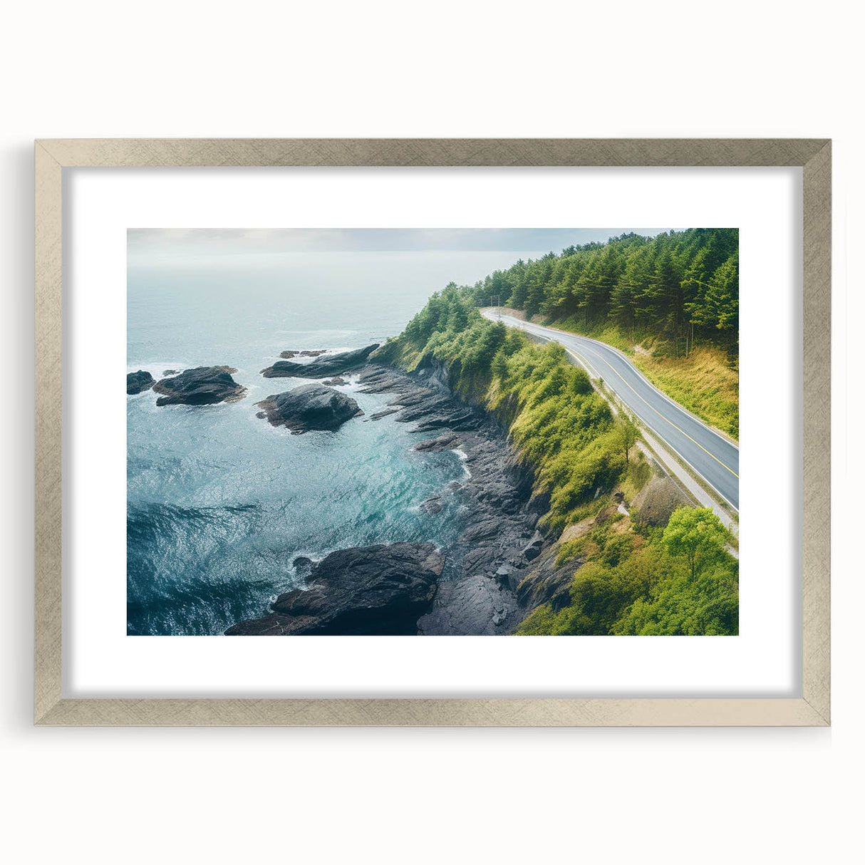 Framed wall art showcasing a serene landscape road design in silver mat, perfect for home decor, emphasizing tranquility and nature's beauty.