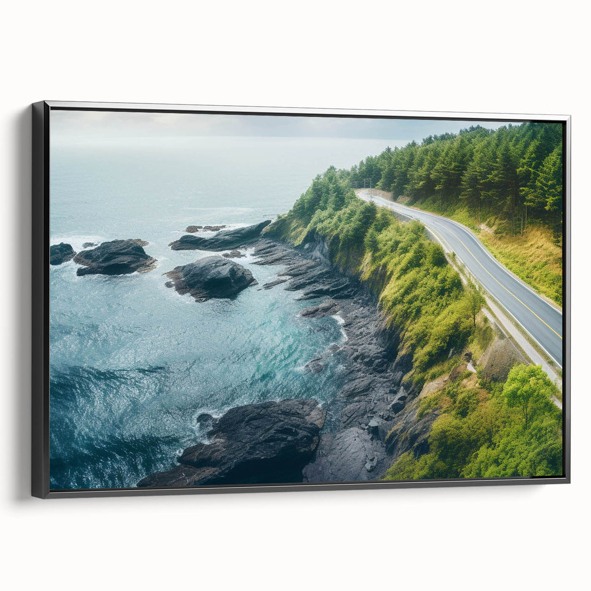 Framed canvas wall art showcasing a tranquil landscape road design in muted tones, featuring a black frame and side view for modern decor enhancement.