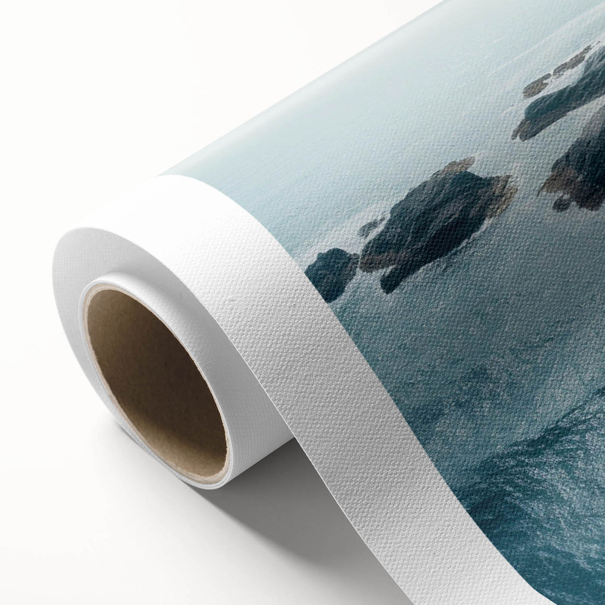 Rolled canvas artwork showcasing a vibrant landscape with winding roads and lush greenery, designed for wall decoration, presented in a protective cardboard tube.