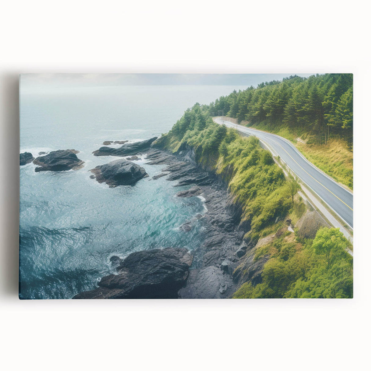 Stretched canvas wall art showcasing a vibrant landscape with winding roads, featuring rich greens and blues, perfect for adding a serene touch to home decor.