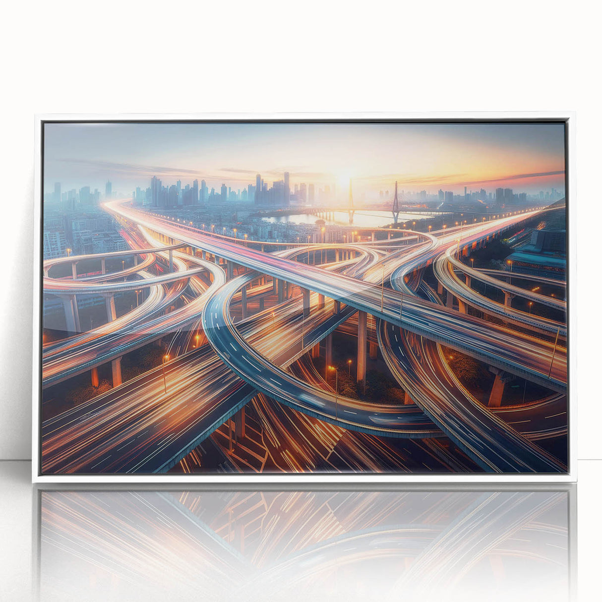 Framed acrylic wall art showcasing a serene landscape road design, featuring a white frame and an inviting front view, perfect for modern home décor.