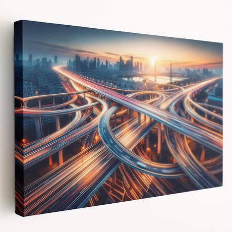 Stretched canvas artwork showcasing a serene landscape road design, featuring vibrant colors and intricate details, perfect for home decor or office ambiance.