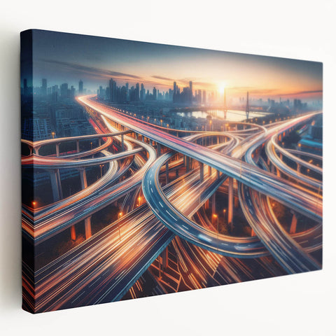 Stretched canvas artwork showcasing a serene landscape road design, featuring vibrant colors and intricate details, perfect for home decor or office ambiance.