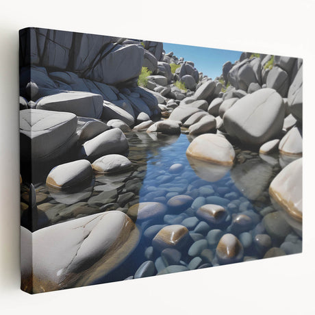 Stretched canvas artwork showcasing a vibrant landscape with rugged rocks and natural textures, perfect for home decor or artistic enhancement.