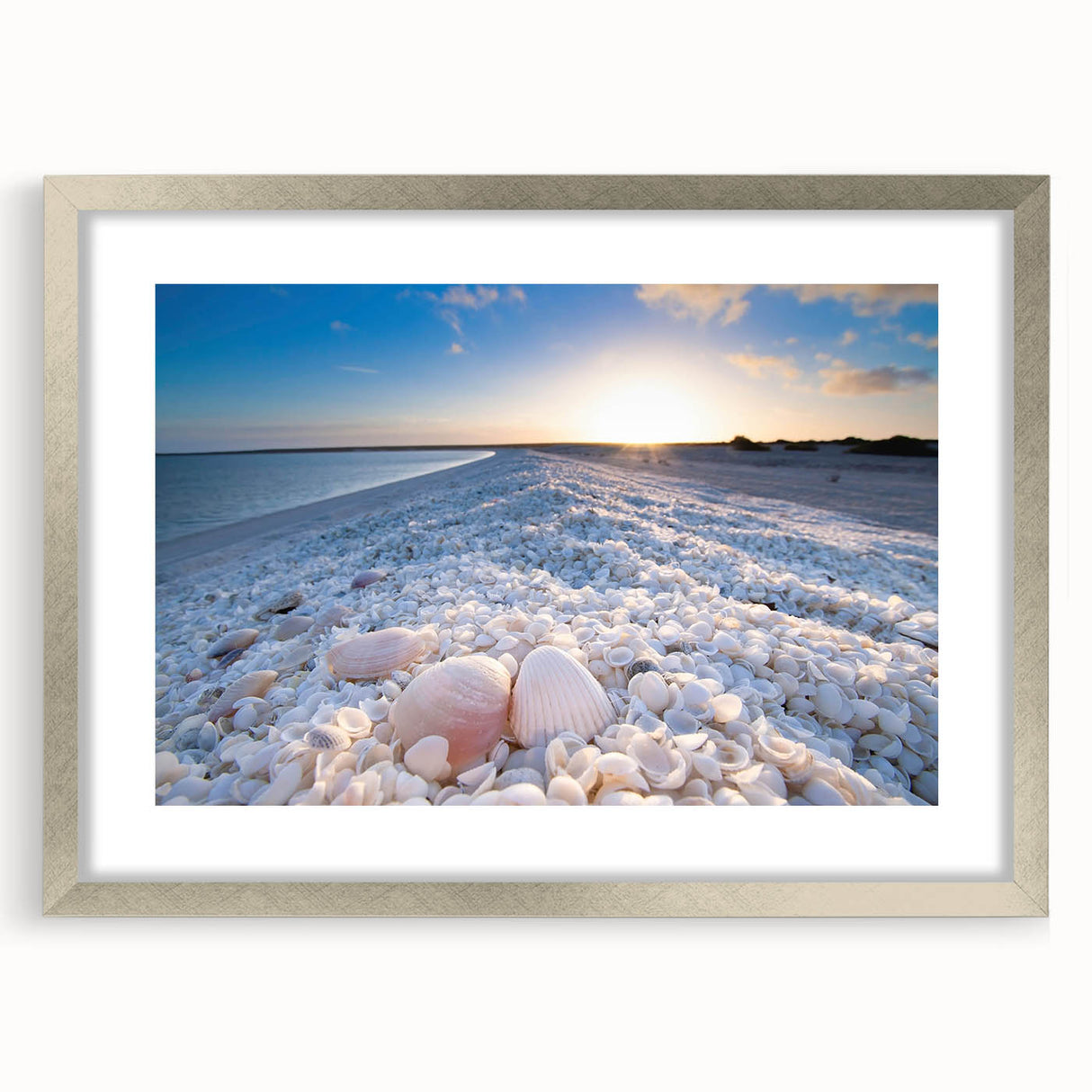 Framed seascape wall art collection featuring five serene landscape prints in silver frames with mats, ideal for enhancing modern home decor.