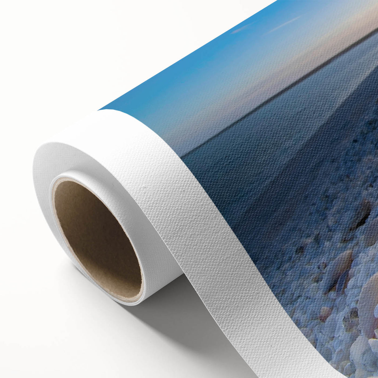 Rolled canvas artwork showcasing a vibrant seascape design with calming blue and green tones, ideal for home decor. Perfectly packaged in a protective tube.