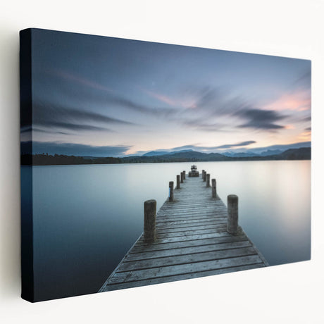 Stretched canvas wall art showcasing a serene seascape design with vibrant blues and greens, ideal for coastal-themed decor, viewed from the side.