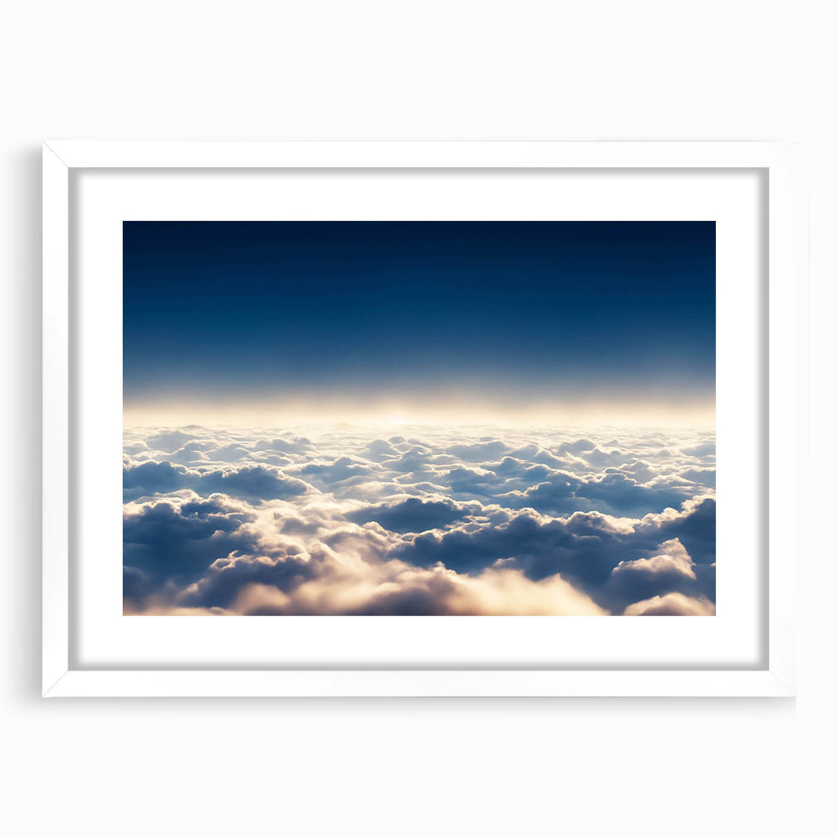 Framed landscape wall art featuring serene sky and natural scenery, presented in a sleek white frame with a mat, ideal for modern home decor.