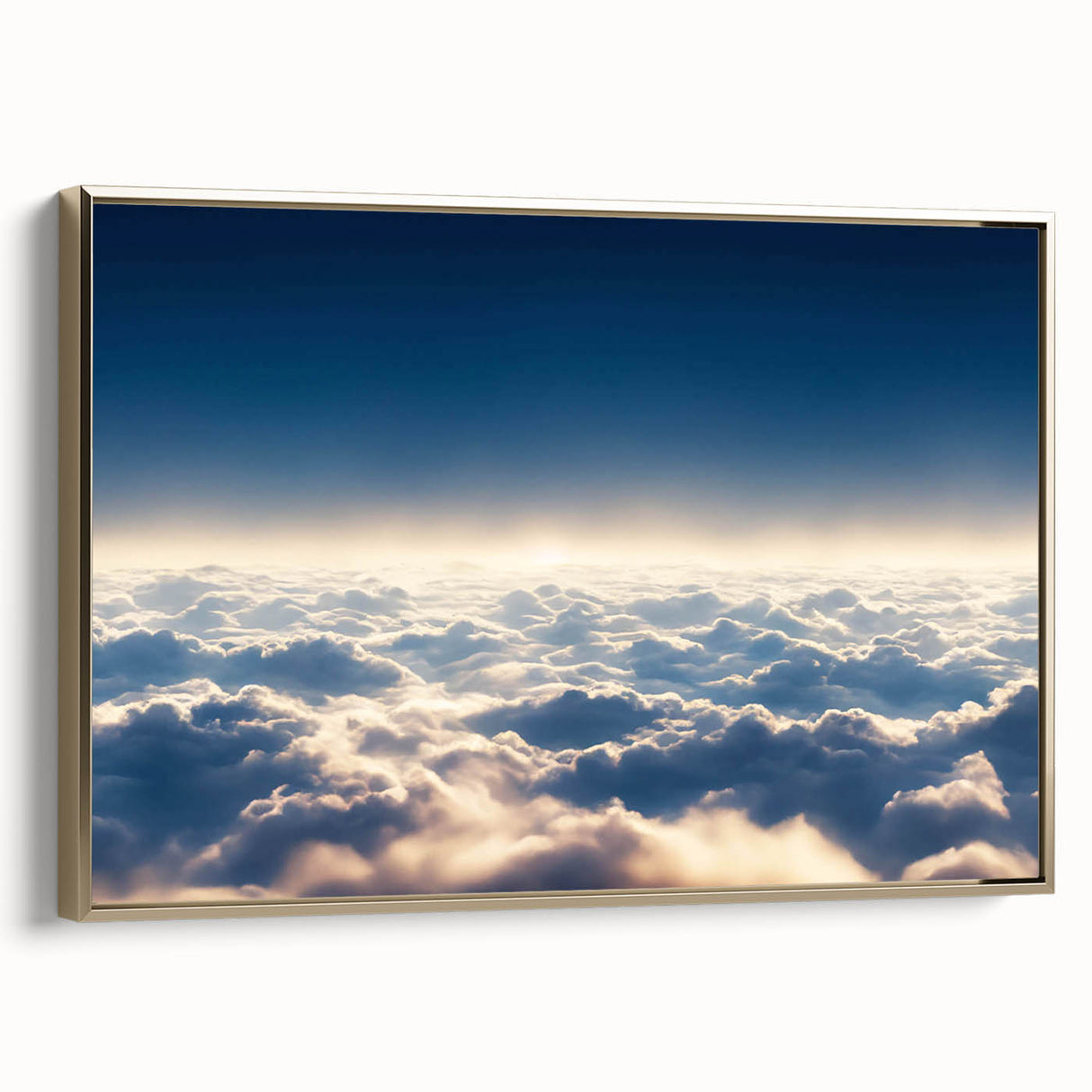 Elegant framed canvas wall art showcasing a serene landscape with golden accents, ideal for modern home decor. The side view highlights its sleek design and texture, perfect for enhancing any living space.
