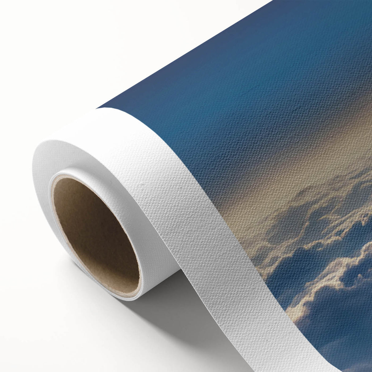 Rolled canvas showcasing a vibrant landscape and skyscape wall art design, featuring rich colors and intricate details, perfect for home decor.