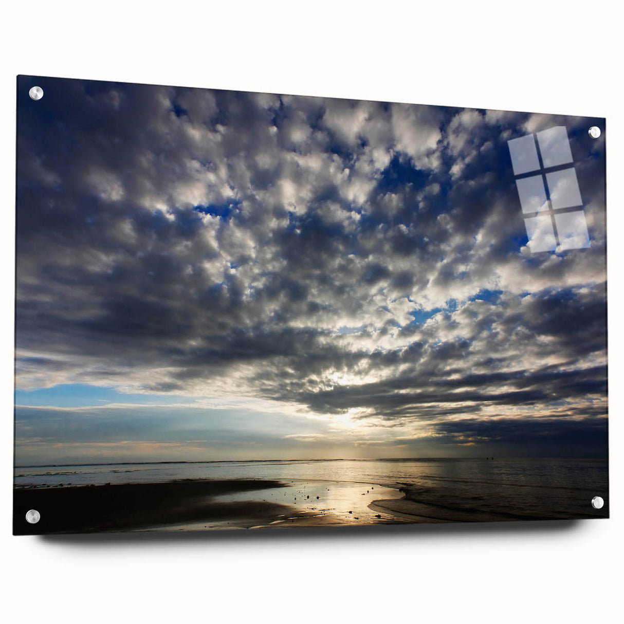 Acrylic glass wall art featuring a vibrant skyscape design, displayed from a side view and secured with pins, showcasing intricate colors and textures. Perfect for enhancing modern decor.