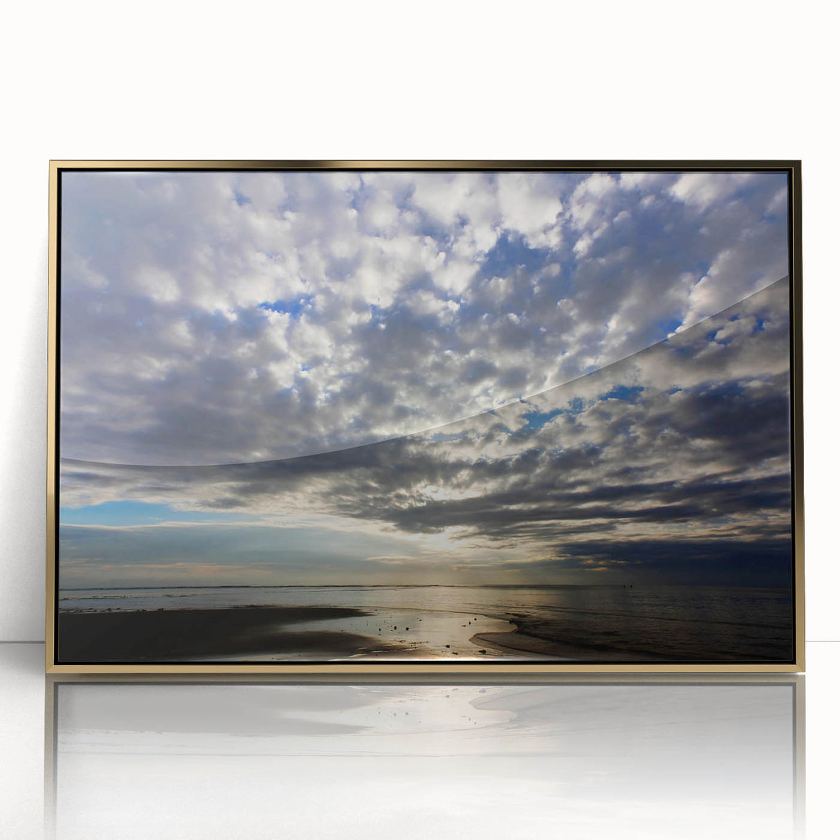 Framed wall art featuring a stunning landscape design with vibrant colors, showcasing a serene skyscape and elegant gold-acrylic frame, perfect for home decor.