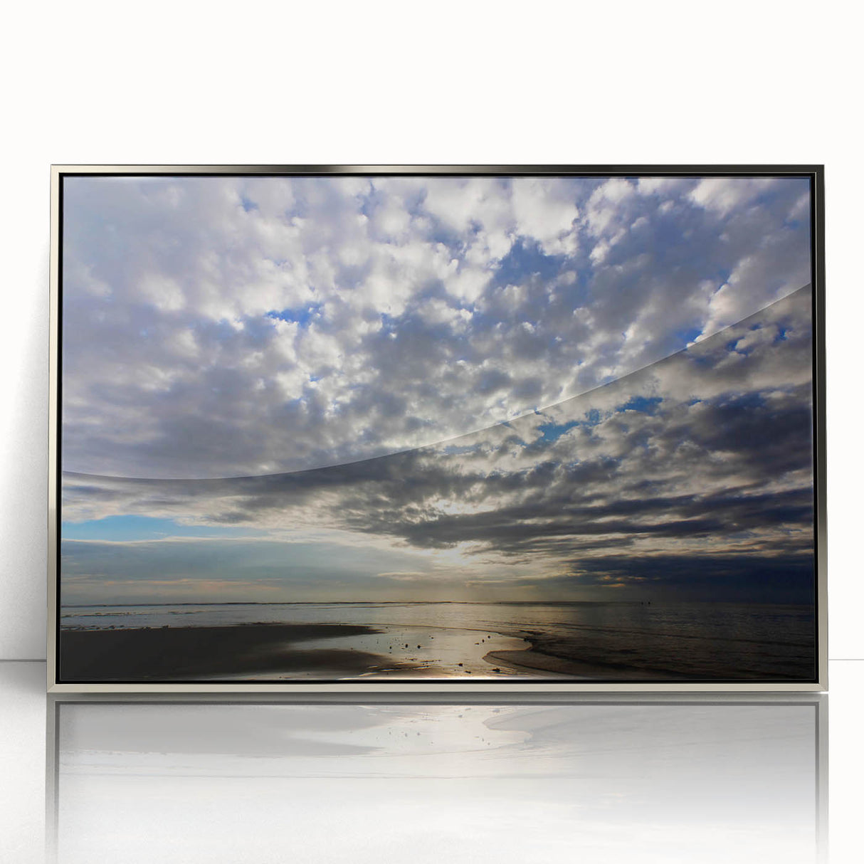 Framed acrylic wall art showcasing a vibrant landscape scene with a silver frame, designed to enhance interior decor and create a serene atmosphere.