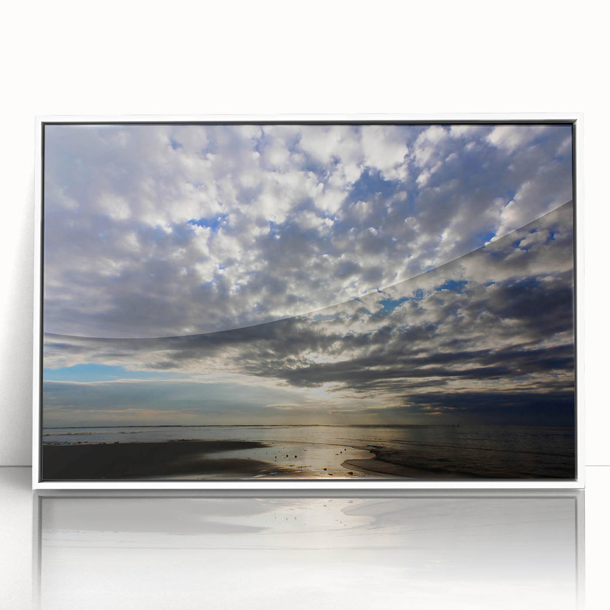 Framed acrylic wall art showcasing a vibrant landscape and skyscape design, featuring a white frame and clear glass front, perfect for modern home decor. This piece adds color and elegance to any living space while highlighting artistic landscape elements.