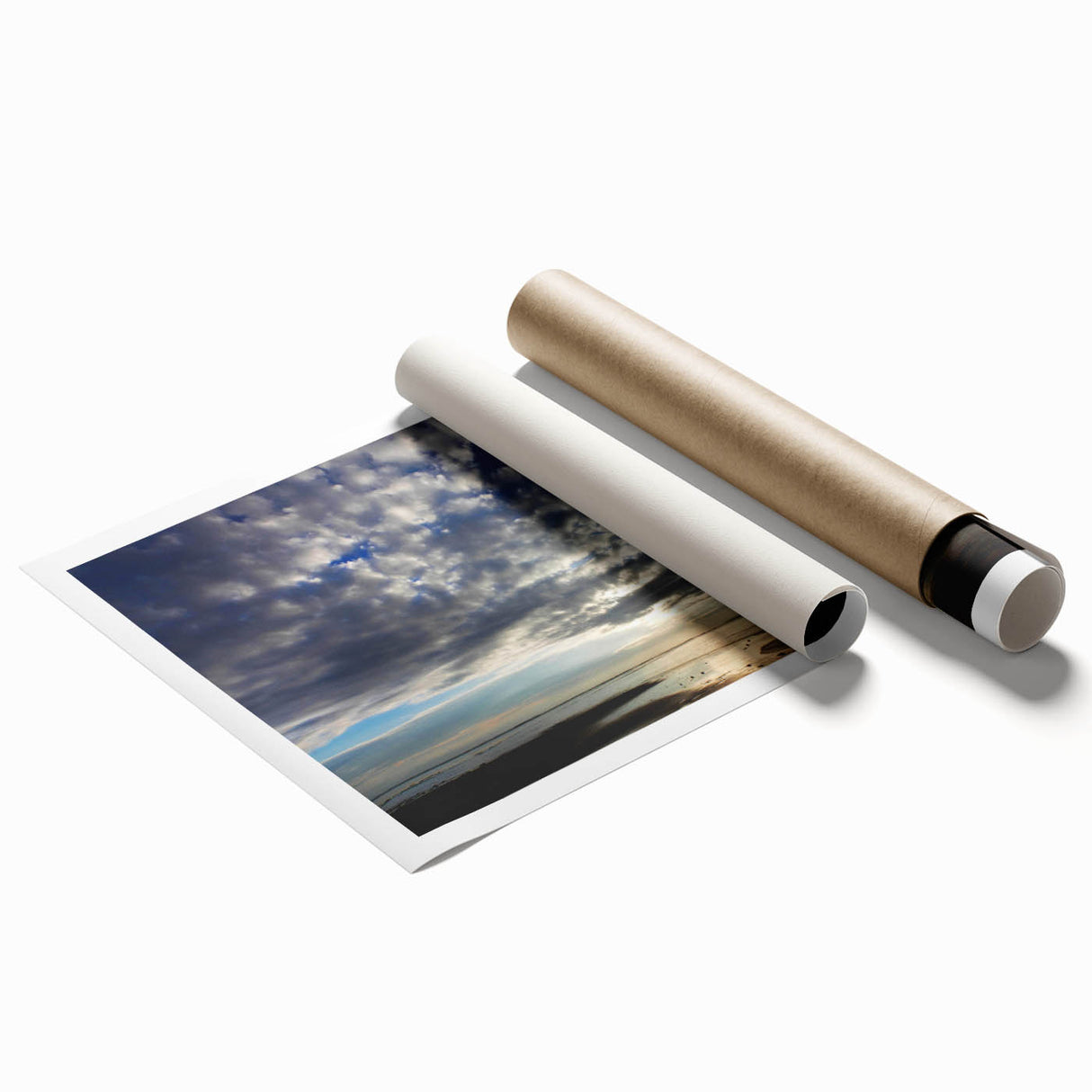 Vibrant rolled print of a serene landscape featuring soft clouds and a gradient sky, ideal for home decor, showcasing calming colors and artistic design.