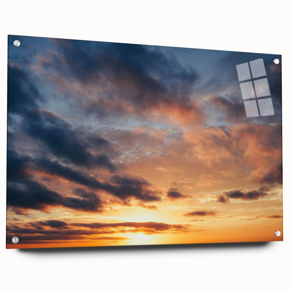 Acrylic wall art collection showcasing a vibrant landscape and skyscape design, displayed in a modern frame with pins, highlighting vivid colors and intricate details. Perfect for enhancing contemporary home decor.