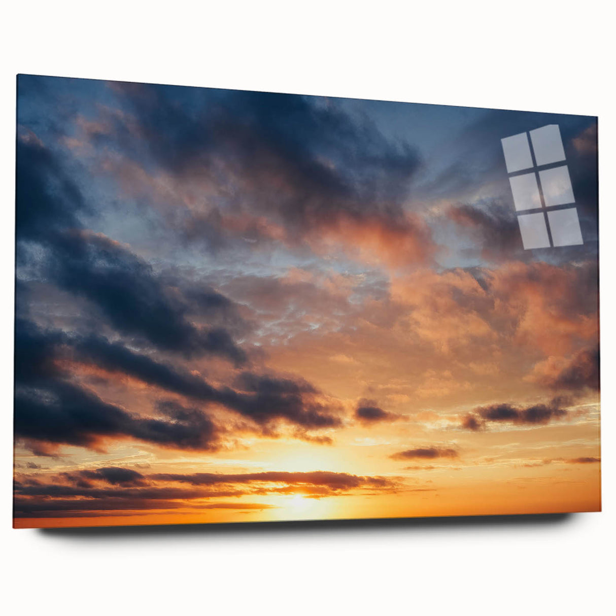 Acrylic glass wall art collection showcasing a vibrant landscape and skyscape design, viewed from the side, highlighting its sleek finish and modern aesthetics.