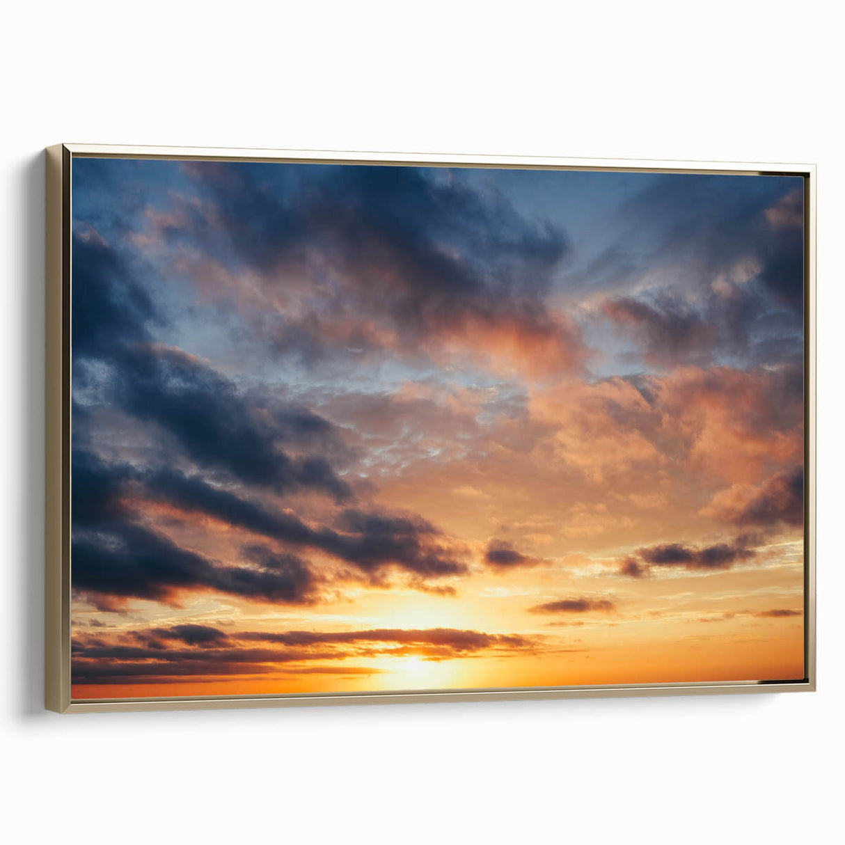 Framed wall art piece showcasing a captivating landscape with vibrant colors and a gold frame, ideal for home decor. Perfect for modern art enthusiasts seeking stylish accents.