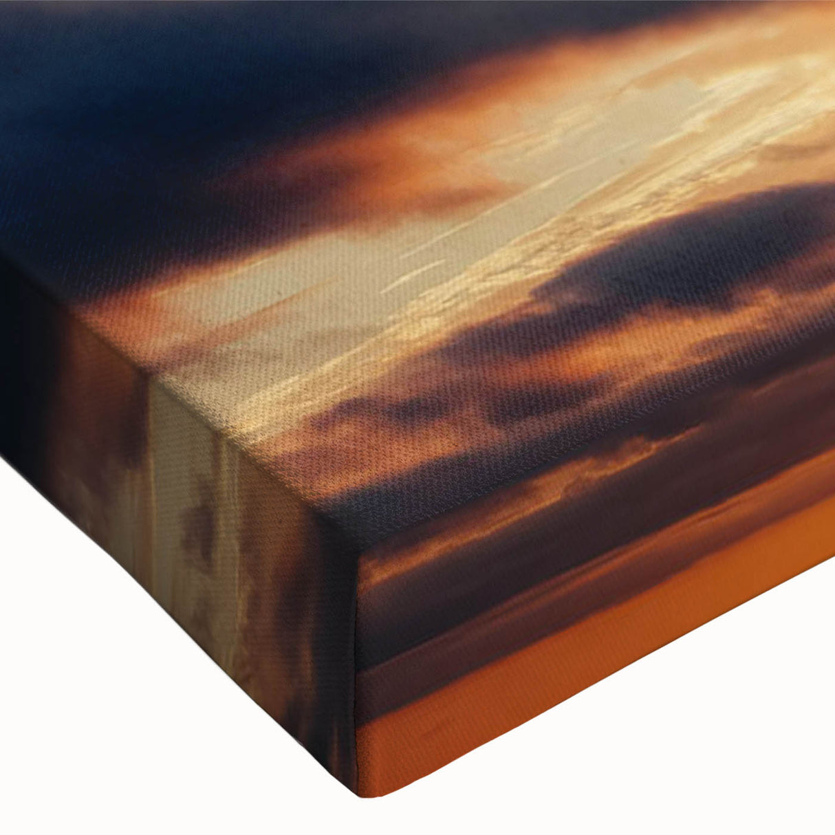 Close-up of a vibrant stretched canvas showcasing a serene landscape with dramatic skyscapes, perfect for home decor, highlighting rich colors and intricate details.