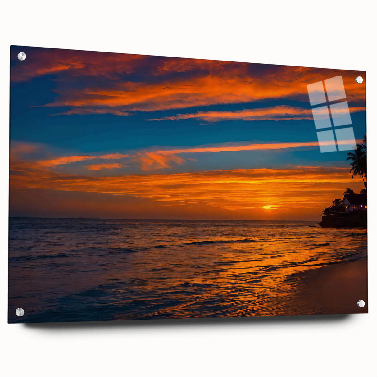 Acrylic glass wall art design showcasing a vibrant landscape and skyscape scene, mounted on pins for display, perfect for modern home decor. The artwork features a blend of rich colors and intricate details, enhancing any interior space with a touch of nature-inspired elegance.