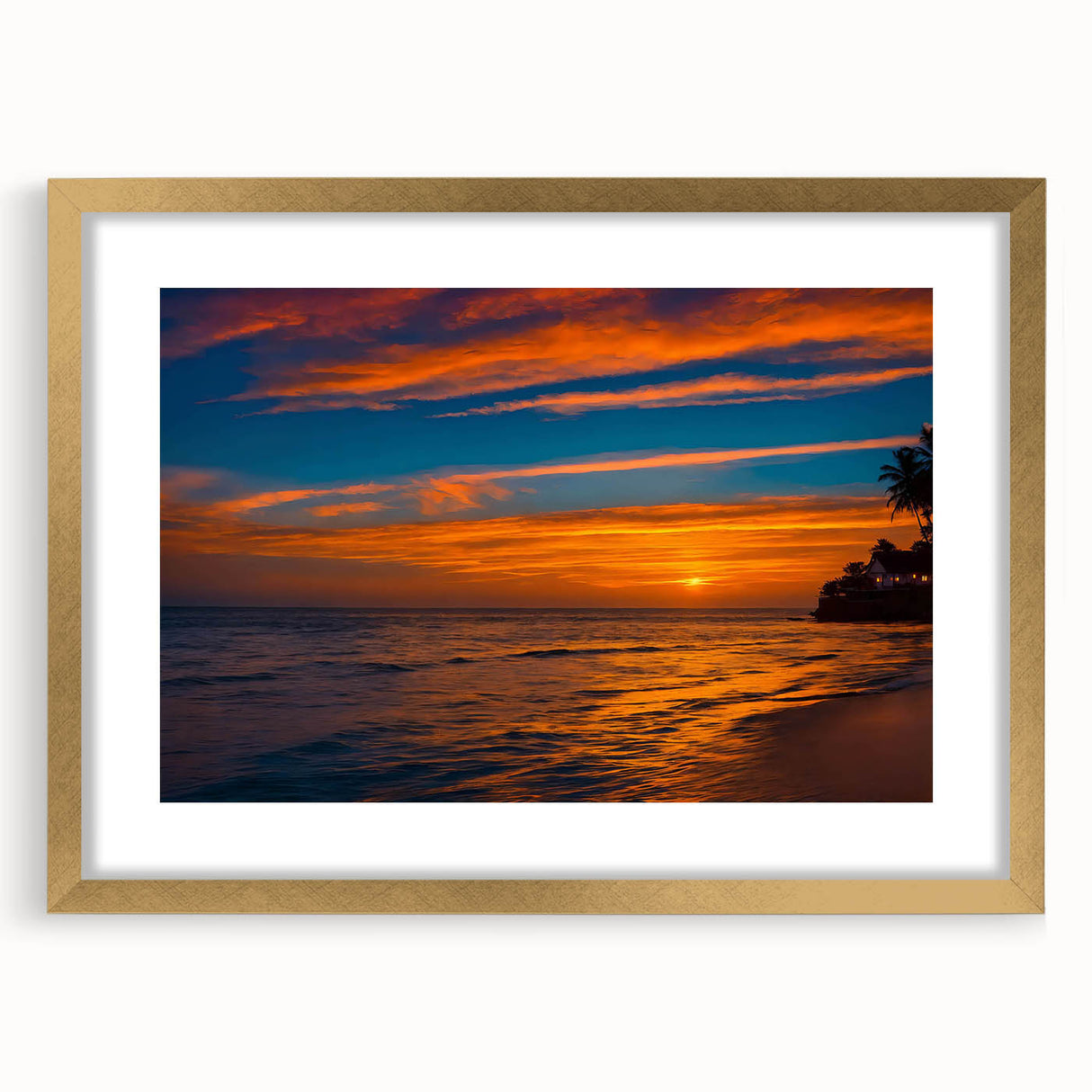 Elegant gold-framed wall art featuring a serene landscape with vibrant colors, designed for home decor. Ideal for adding warmth and sophistication to any room.