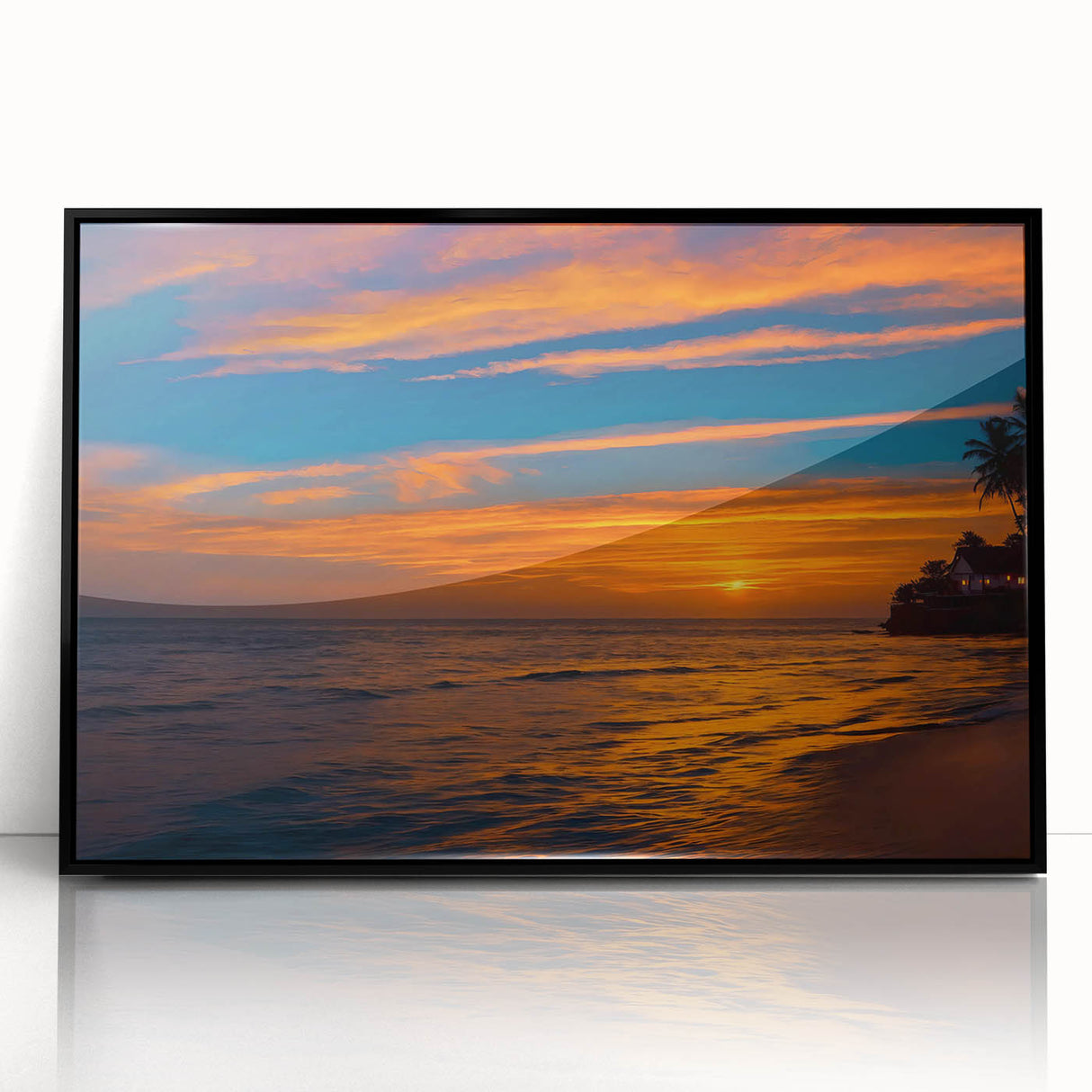 Framed acrylic wall art showcasing a serene landscapes and skyscapes design, featuring vibrant colors and a sleek black frame, perfect for modern home decor.