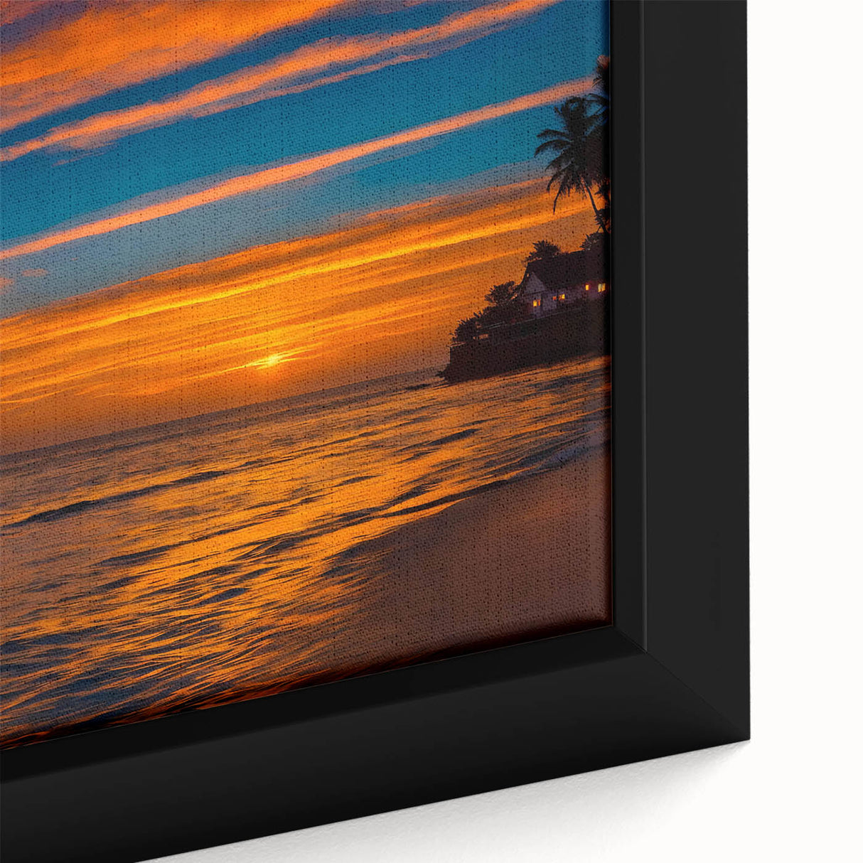 Close-up of a framed canvas showcasing a vibrant landscape design with rich colors and intricate details, perfect for enhancing modern home decor. This artwork captures serene natural beauty, ideal for art enthusiasts looking to elevate their living space.