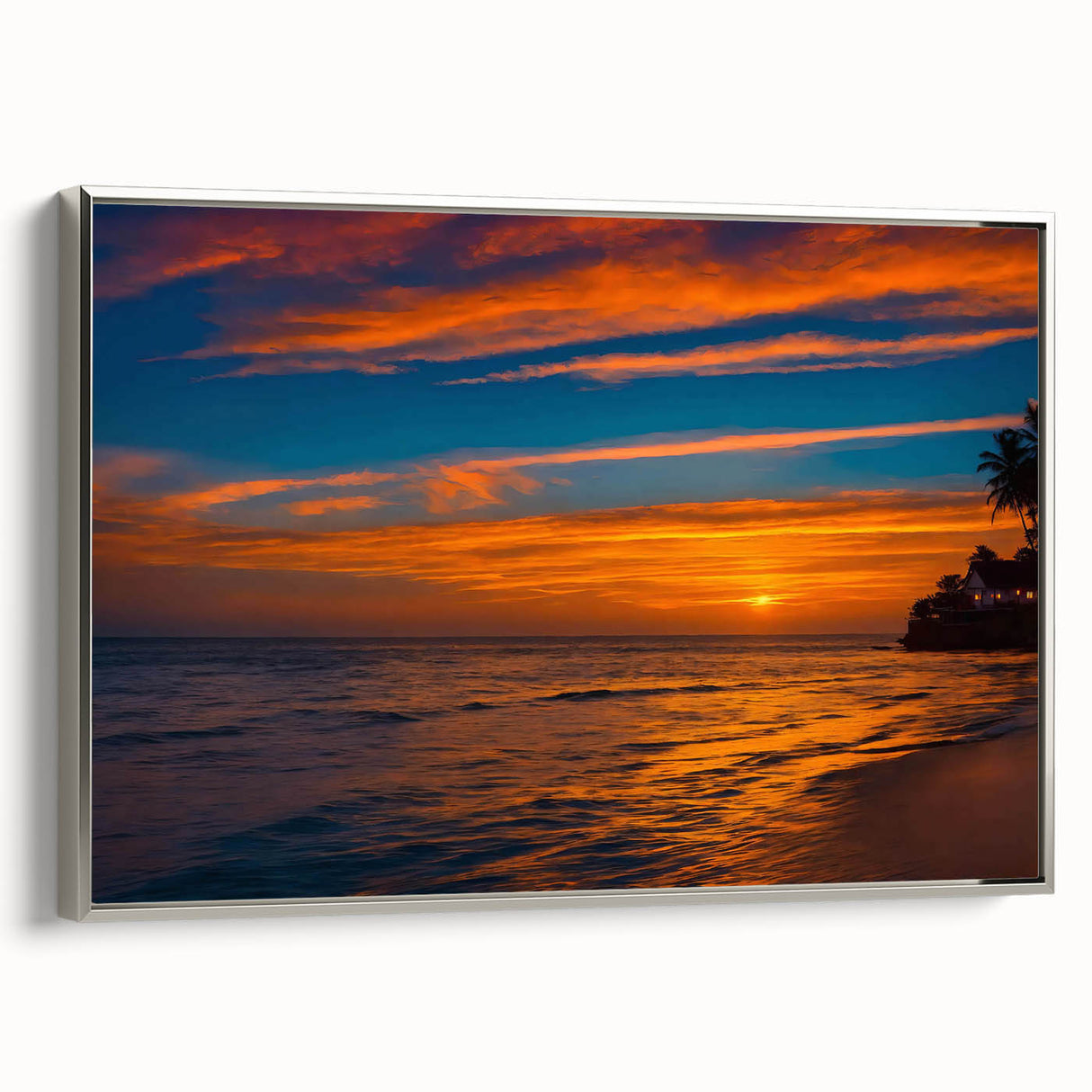 Framed canvas wall art from the Landscapes Skyscapes Design 17 collection, showcasing a serene landscape scene with soft pastel colors, silver frame, and side view display. Ideal for enhancing modern home decor with nature-inspired aesthetics.
