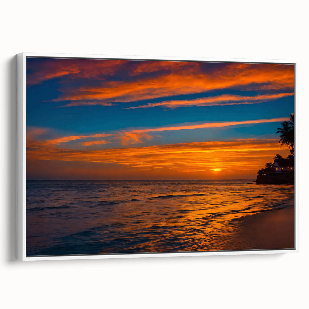 Framed canvas wall art showcasing a serene landscape design with vibrant colors and intricate details, displayed from a white side view, perfect for home decor.